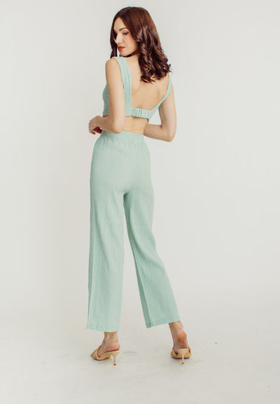 Misty Green V Neck Sleeveless Crop Top Elastic Waist Straight Cut Culottes Set