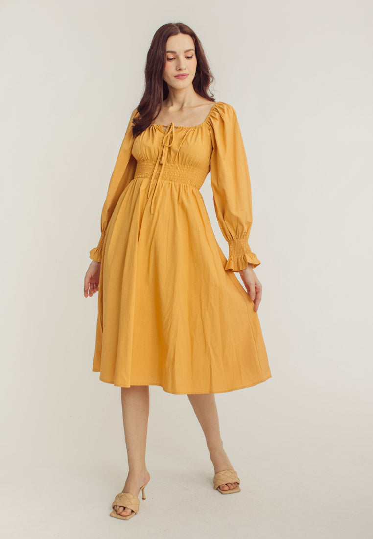 Vanessa Yellow Square Neck Tie Bust Long Sleeves Smocked Waist Midi Dress