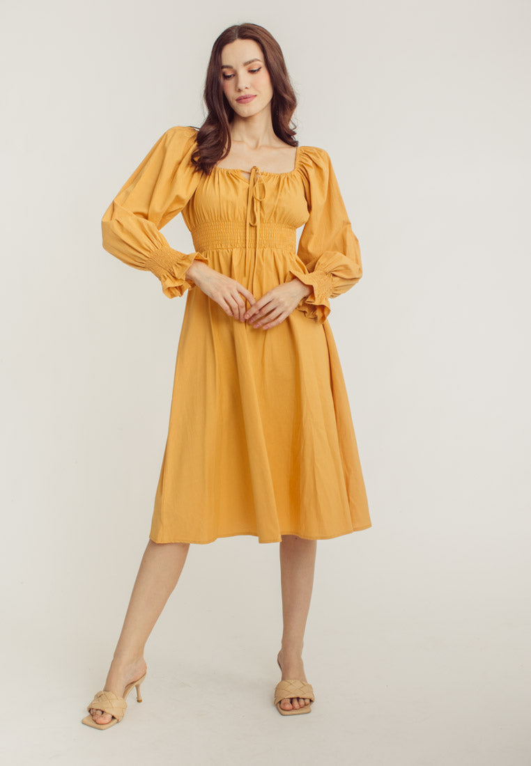 Vanessa Yellow Square Neck Tie Bust Long Sleeves Smocked Waist Midi Dress
