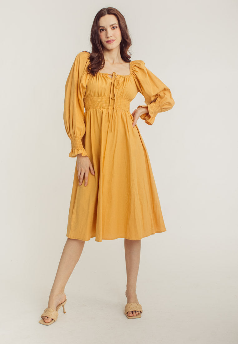 Vanessa Yellow Square Neck Tie Bust Long Sleeves Smocked Waist Midi Dress