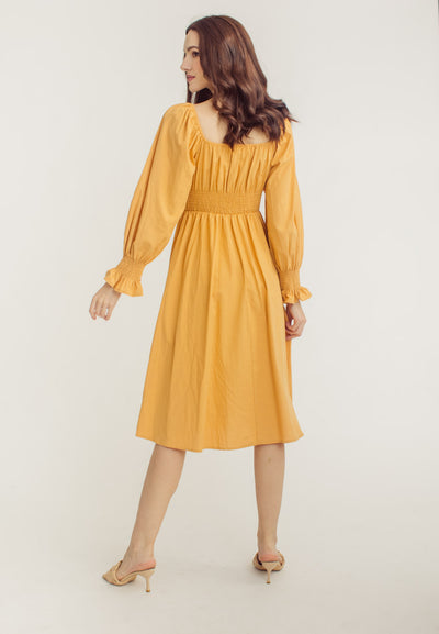 Vanessa Yellow Square Neck Tie Bust Long Sleeves Smocked Waist Midi Dress