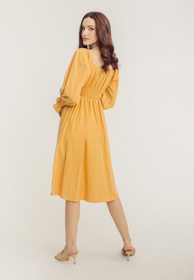 Vanessa Yellow Square Neck Tie Bust Long Sleeves Smocked Waist Midi Dress