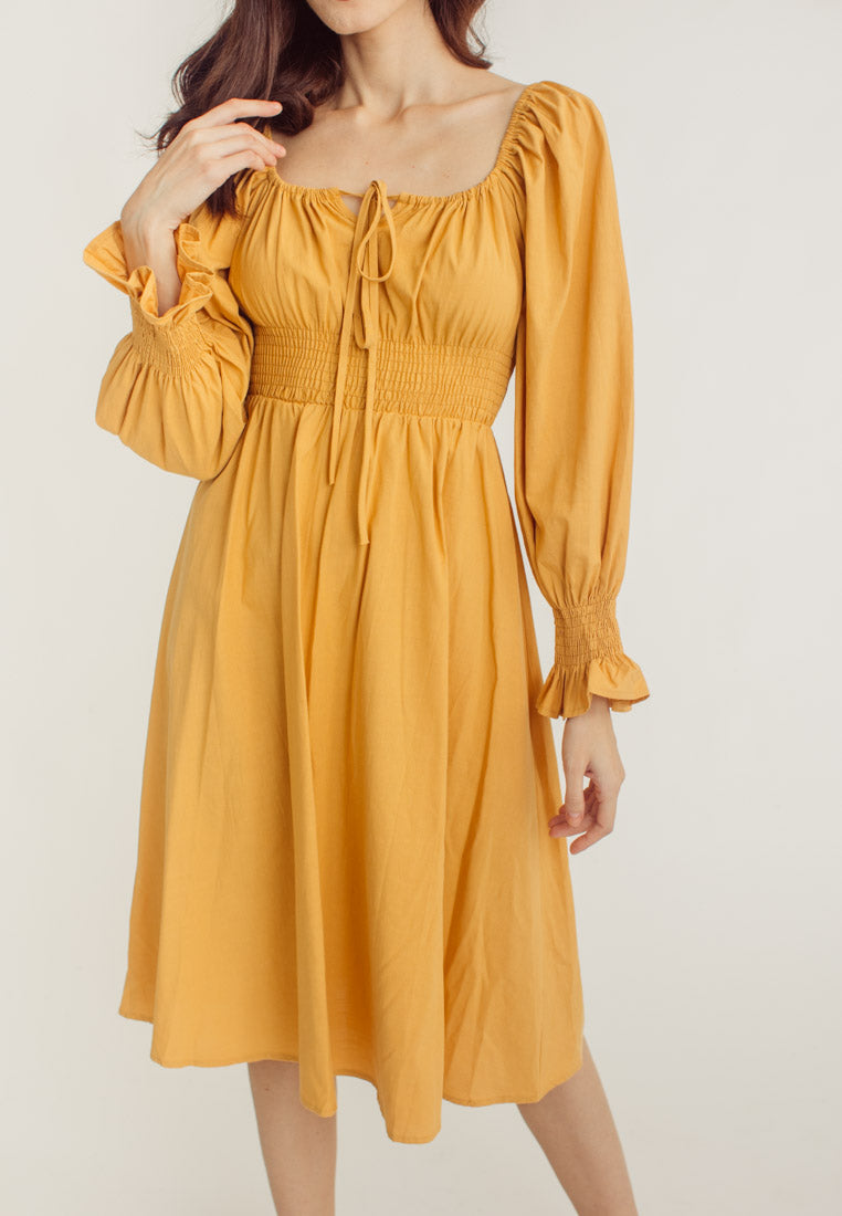 Vanessa Yellow Square Neck Tie Bust Long Sleeves Smocked Waist Midi Dress