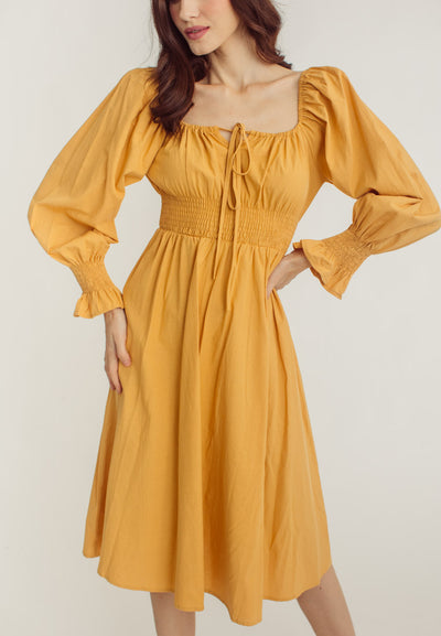 Vanessa Yellow Square Neck Tie Bust Long Sleeves Smocked Waist Midi Dress