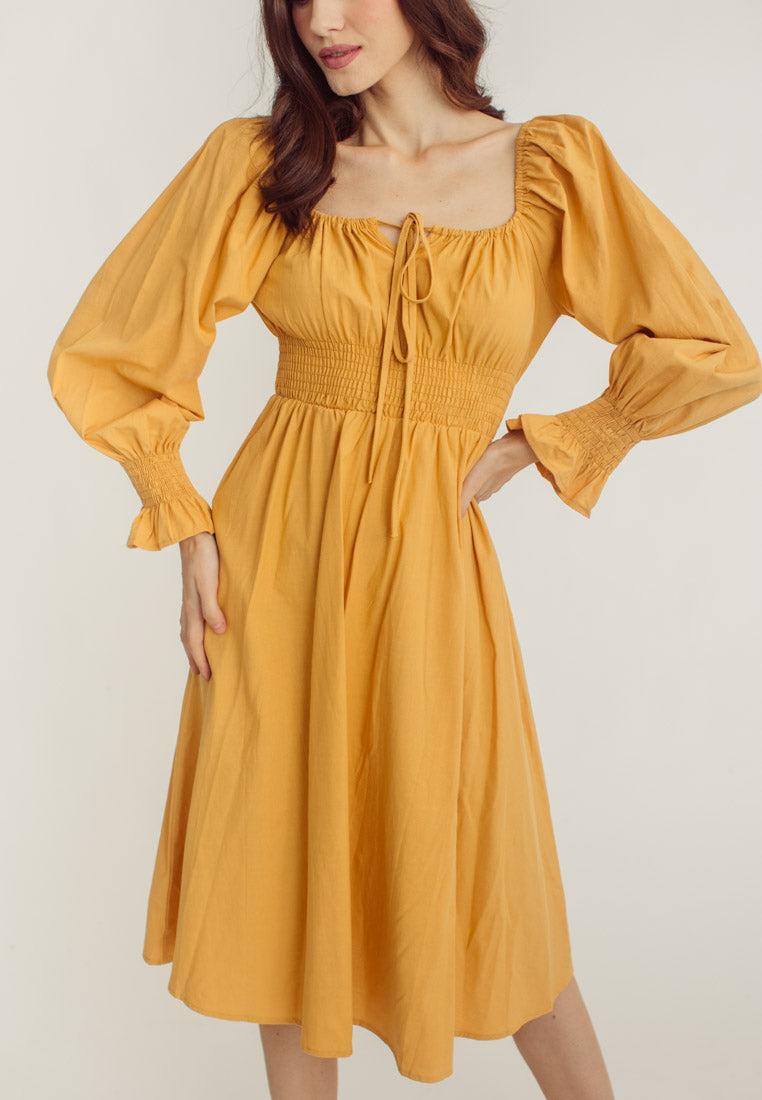 Vanessa Yellow Square Neck Tie Bust Long Sleeves Smocked Waist Midi Dress