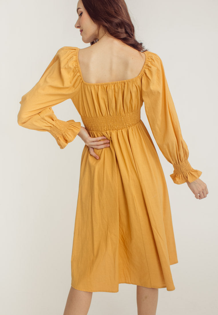 Vanessa Yellow Square Neck Tie Bust Long Sleeves Smocked Waist Midi Dress