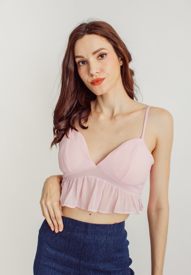 Eunchae Pink V Neck Sleeveless Ruffle Hem Crop Top