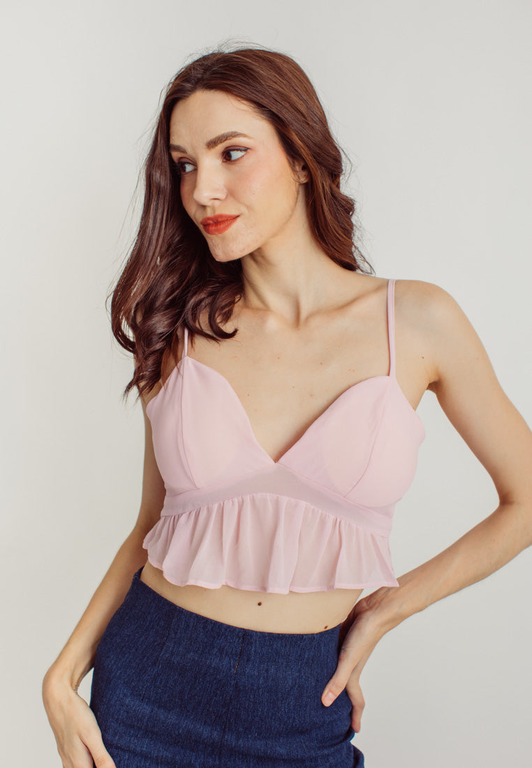Eunchae Pink V Neck Sleeveless Ruffle Hem Crop Top