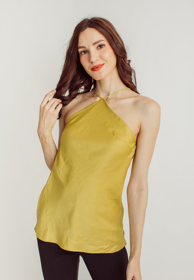 Jaira Lime Silk Halter Sleeveless Top