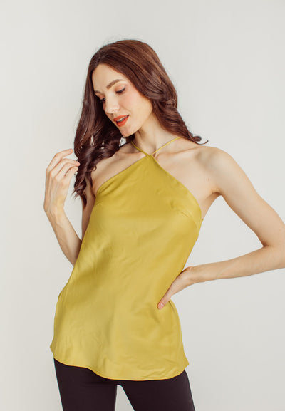 Jaira Lime Silk Halter Sleeveless Top