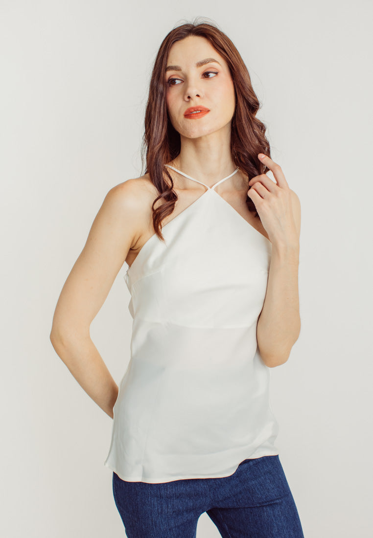 Jaira White Silk Halter Sleeveless Top