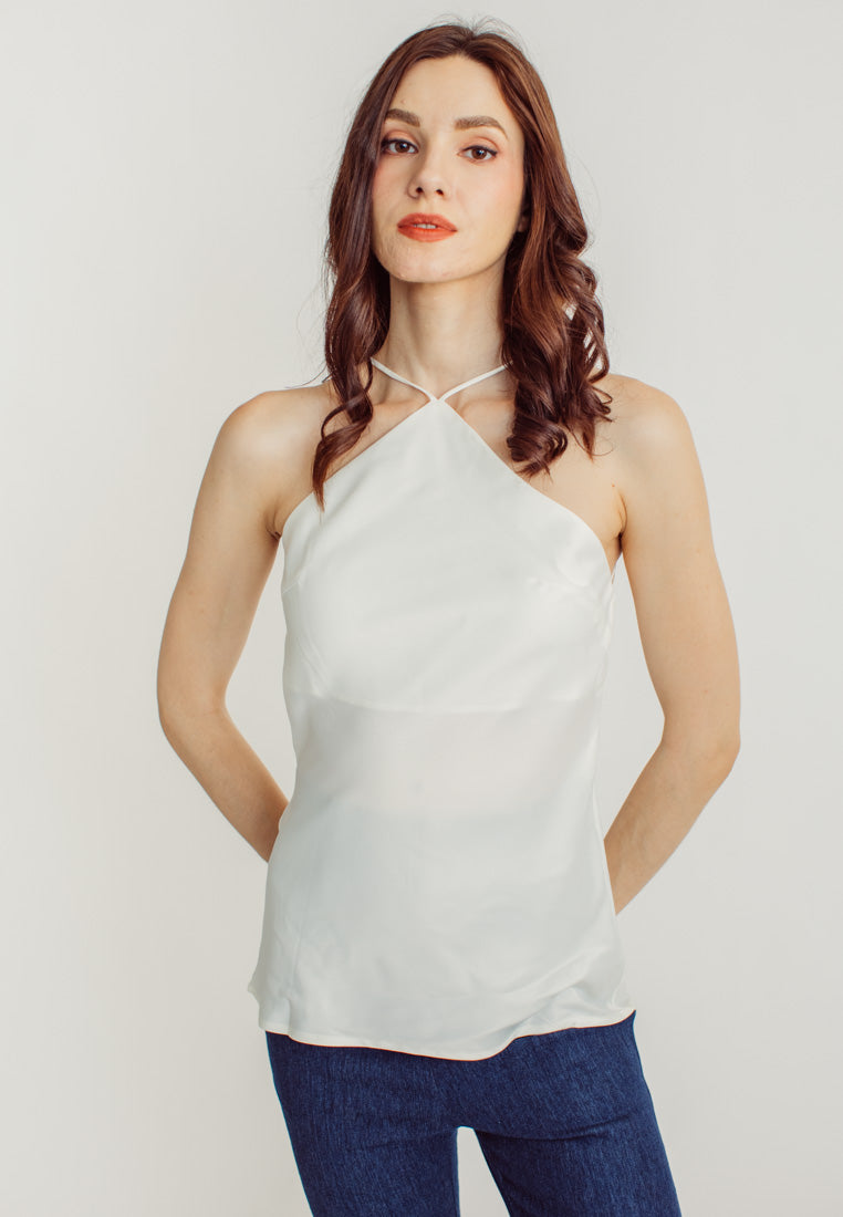 Jaira White Silk Halter Sleeveless Top