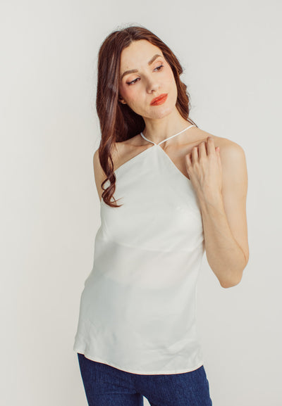 Jaira White Silk Halter Sleeveless Top