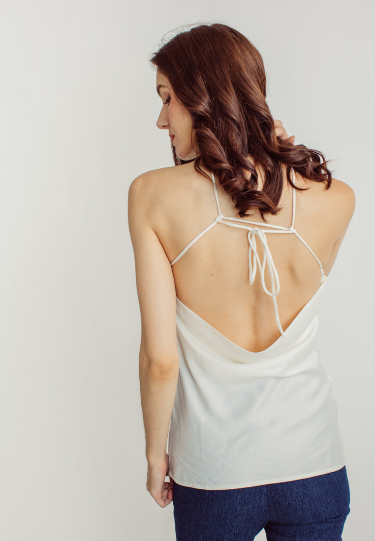 Jaira White Silk Halter Sleeveless Top