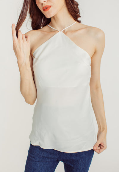 Jaira White Silk Halter Sleeveless Top