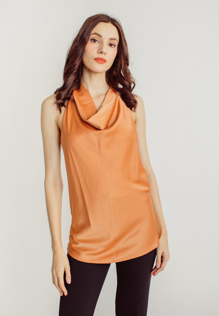 Elaya Rust Silk Cowl Neck Sleeveless Low Back Top