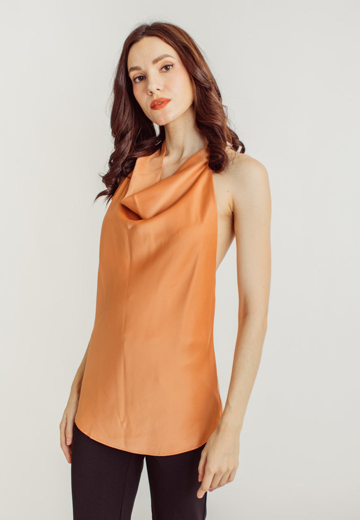 Elaya Rust Silk Cowl Neck Sleeveless Low Back Top