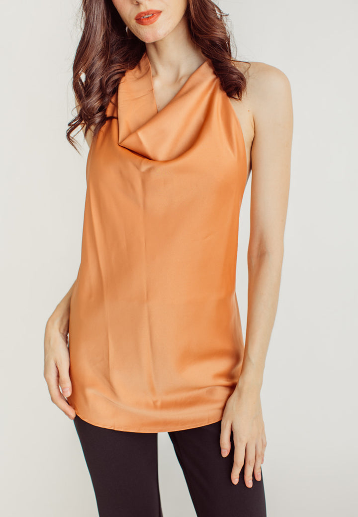 Elaya Rust Silk Cowl Neck Sleeveless Low Back Top