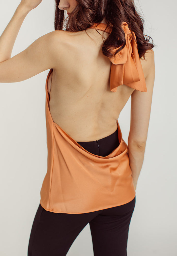Elaya Rust Silk Cowl Neck Sleeveless Low Back Top