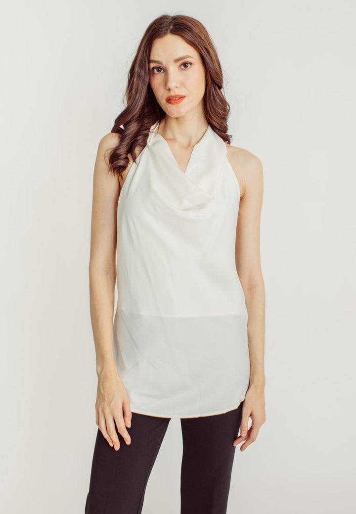 Elaya White Silk Cowl Neck Sleeveless Low Back Top