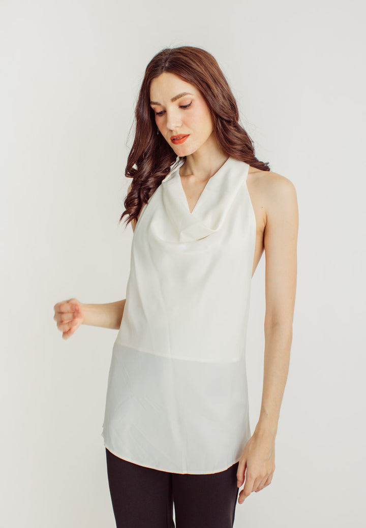 Elaya White Silk Cowl Neck Sleeveless Low Back Top