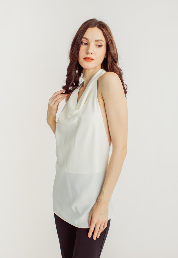 Elaya White Silk Cowl Neck Sleeveless Low Back Top
