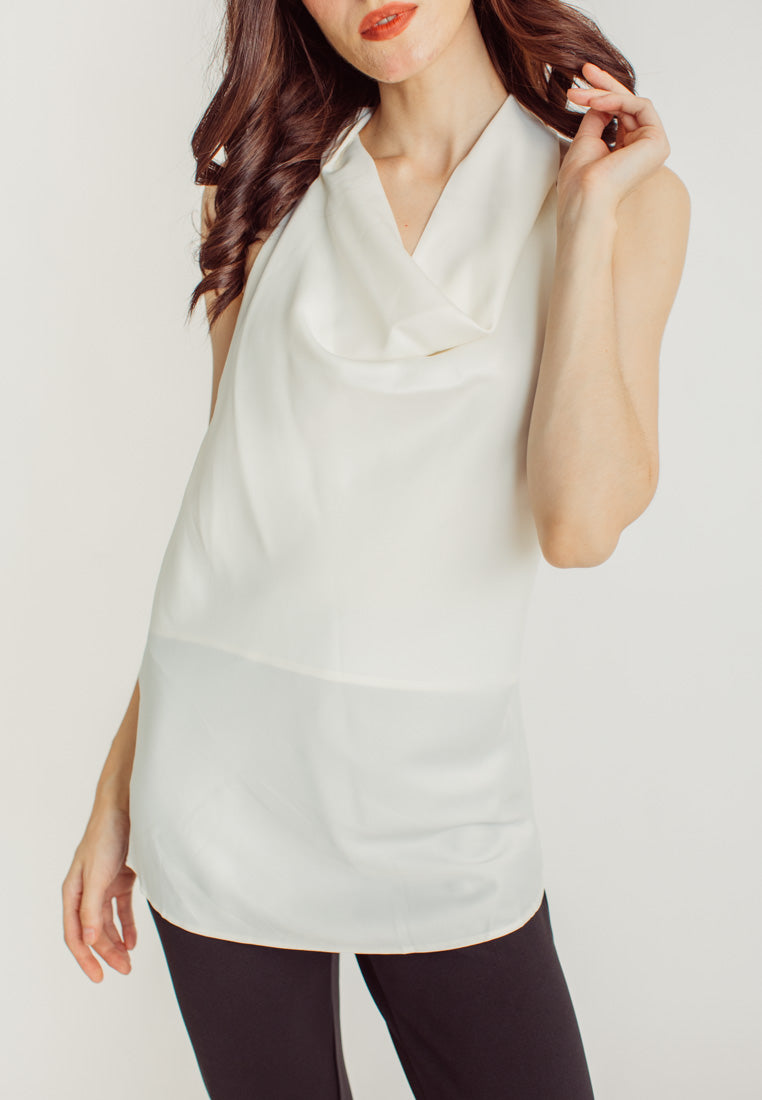 Elaya White Silk Cowl Neck Sleeveless Low Back Top