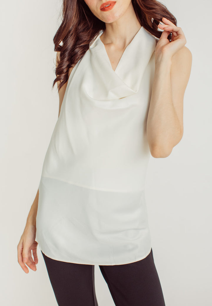 Elaya White Silk Cowl Neck Sleeveless Low Back Top