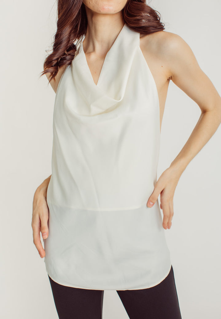 Elaya White Silk Cowl Neck Sleeveless Low Back Top