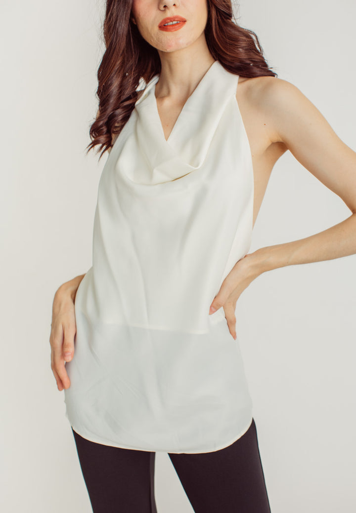 Elaya White Silk Cowl Neck Sleeveless Low Back Top