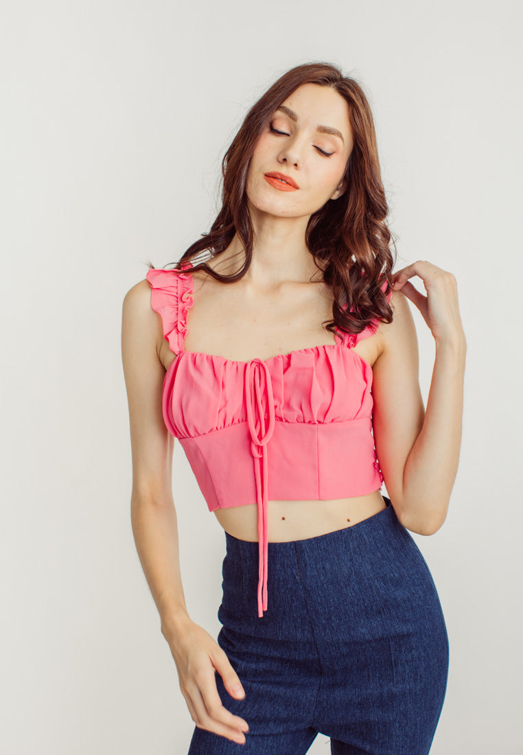Patsy Pink Ruched Tie Bust Sleeveless Ruffle Strap Crop Top