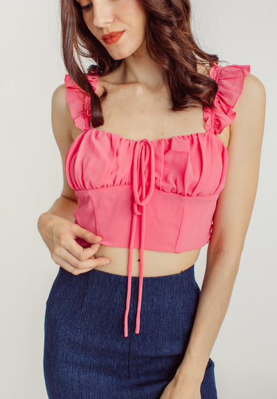Patsy Pink Ruched Tie Bust Sleeveless Ruffle Strap Crop Top