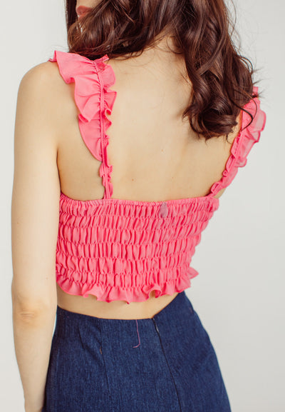 Patsy Pink Ruched Tie Bust Sleeveless Ruffle Strap Crop Top
