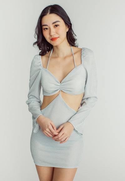 Ashley Silver V Neckline Padded Long Sleeve Sexy Mini dress