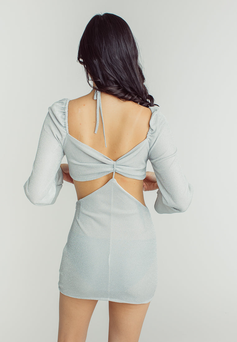 Ashley Silver V Neckline Padded Long Sleeve Sexy Mini dress