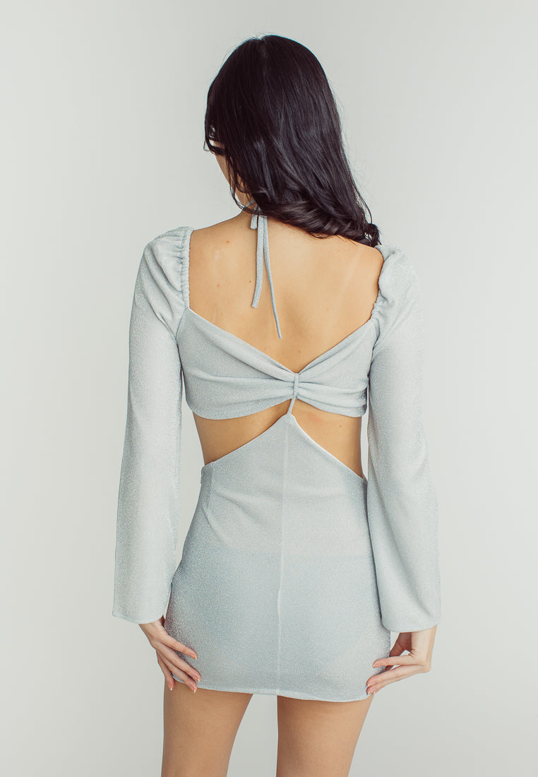 Ashley Silver V Neckline Padded Long Sleeve Sexy Mini dress