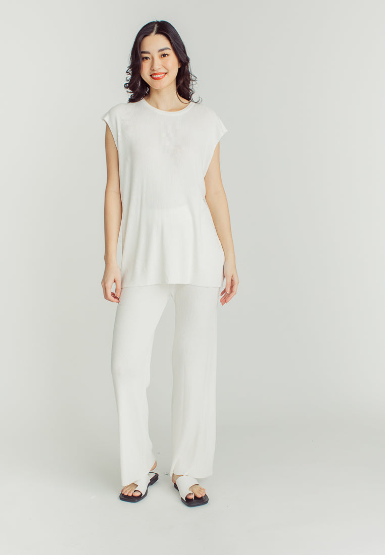Jean White Round Neckline Sleeveless Top and Straight Cut Culottes Set