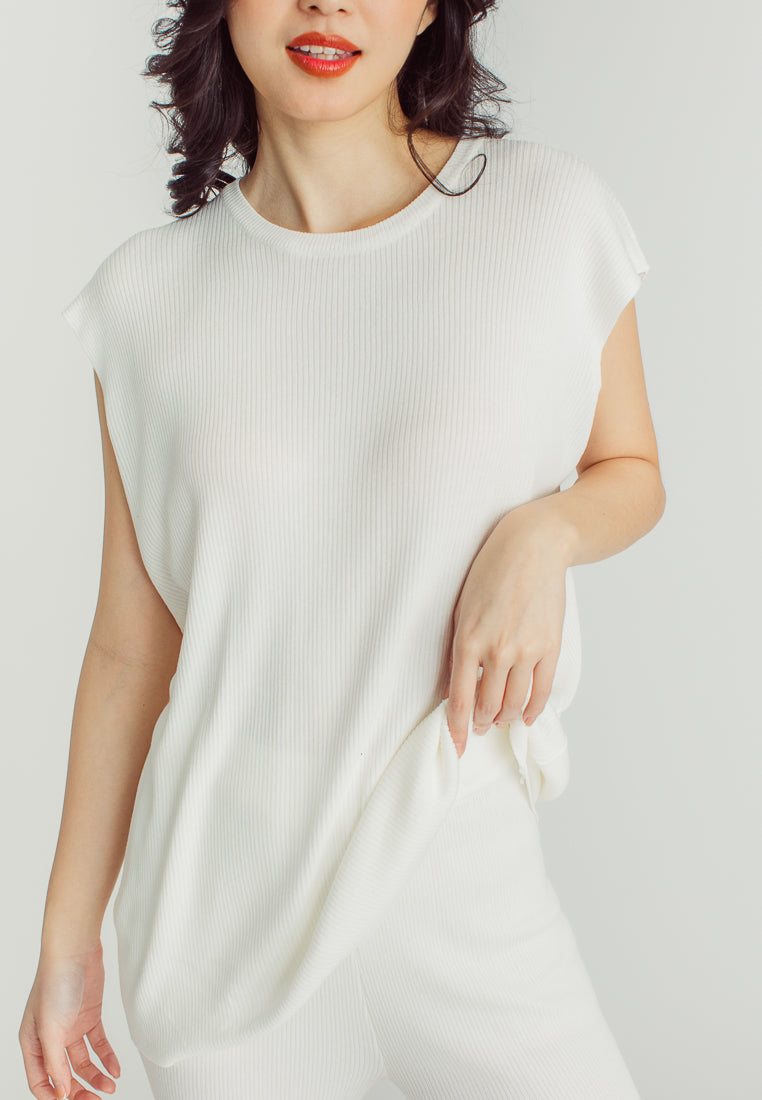 Jean White Round Neckline Sleeveless Top and Straight Cut Culottes Set