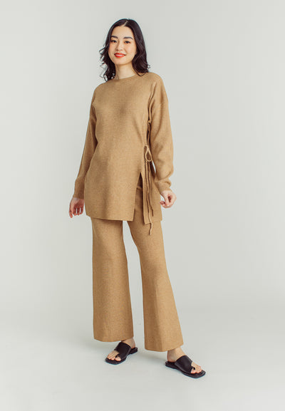 Yohan Brown Round Neck Long Sleeve Top and Straight Cut Culottes Set