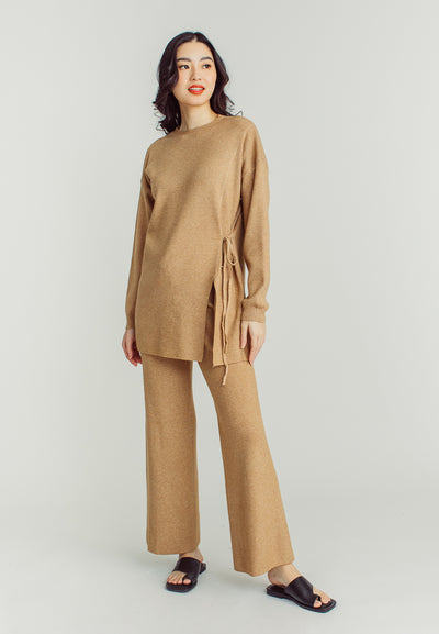 Yohan Brown Round Neck Long Sleeve Top and Straight Cut Culottes Set
