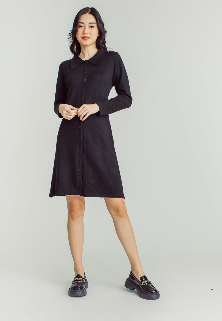 Sandy Black Collar Long Sleeve Buttondown Mini Dress