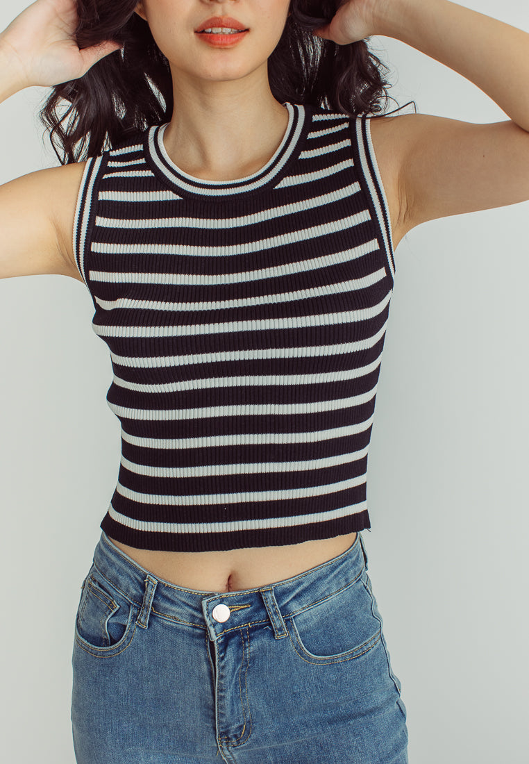 Perry Black and White Stripes Knitted Round Neck Sleeveless Top