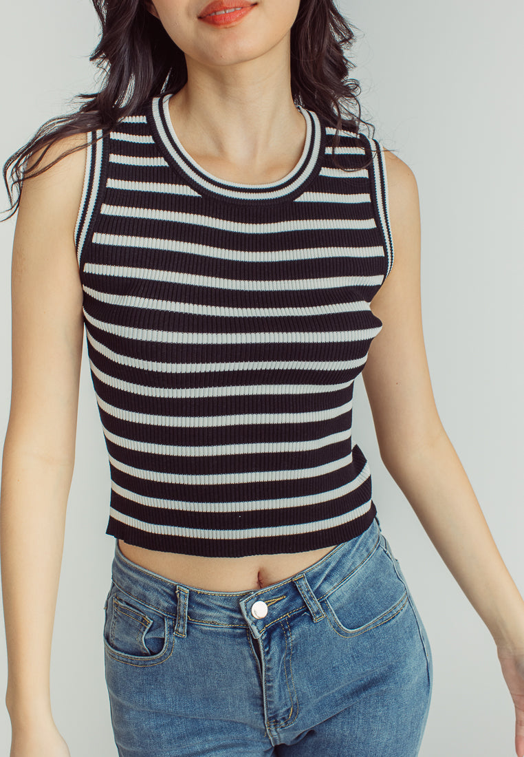 Perry Black and White Stripes Knitted Round Neck Sleeveless Top