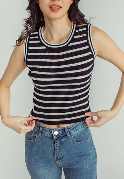 Perry Black and White Stripes Knitted Round Neck Sleeveless Top