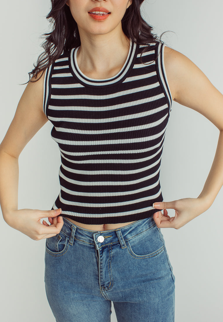Perry Black and White Stripes Knitted Round Neck Sleeveless Top