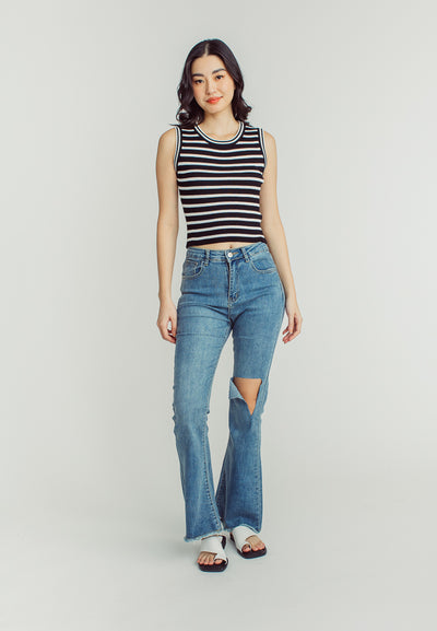 Perry Black and White Stripes Knitted Round Neck Sleeveless Top
