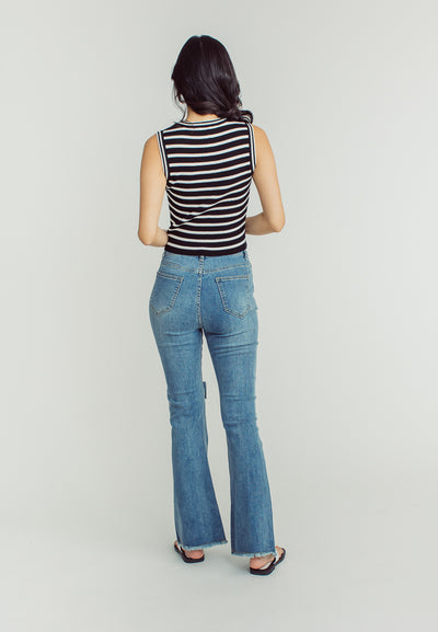 Perry Black and White Stripes Knitted Round Neck Sleeveless Top