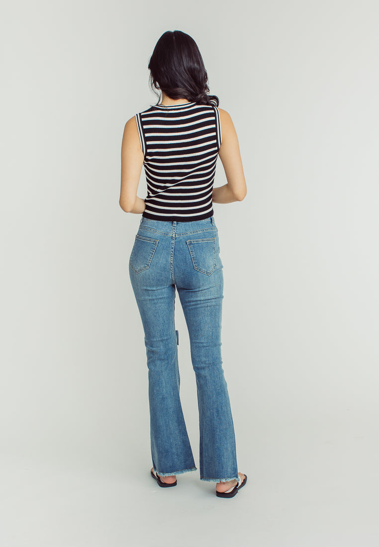 Perry Black and White Stripes Knitted Round Neck Sleeveless Top