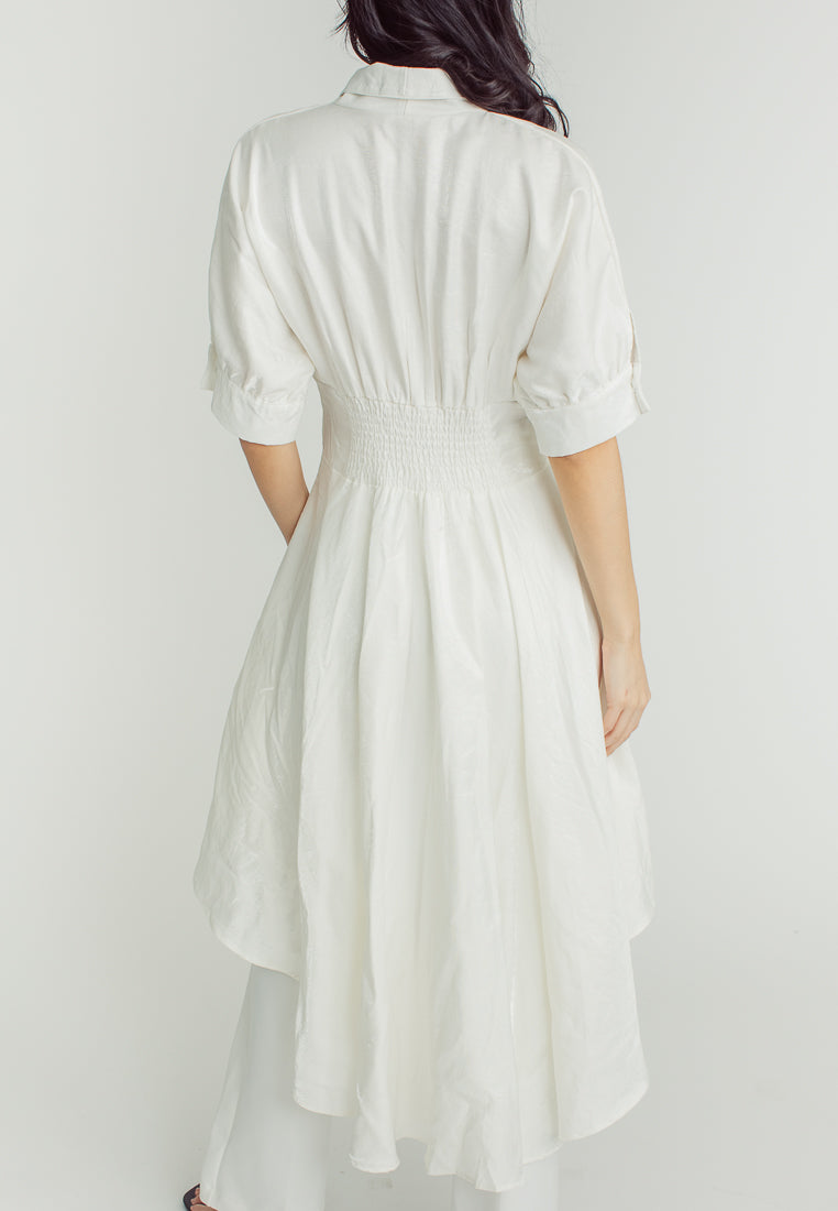Tess White 3/4 Sleeve with Collar Deep V-Neckline Long Back Midi Dress