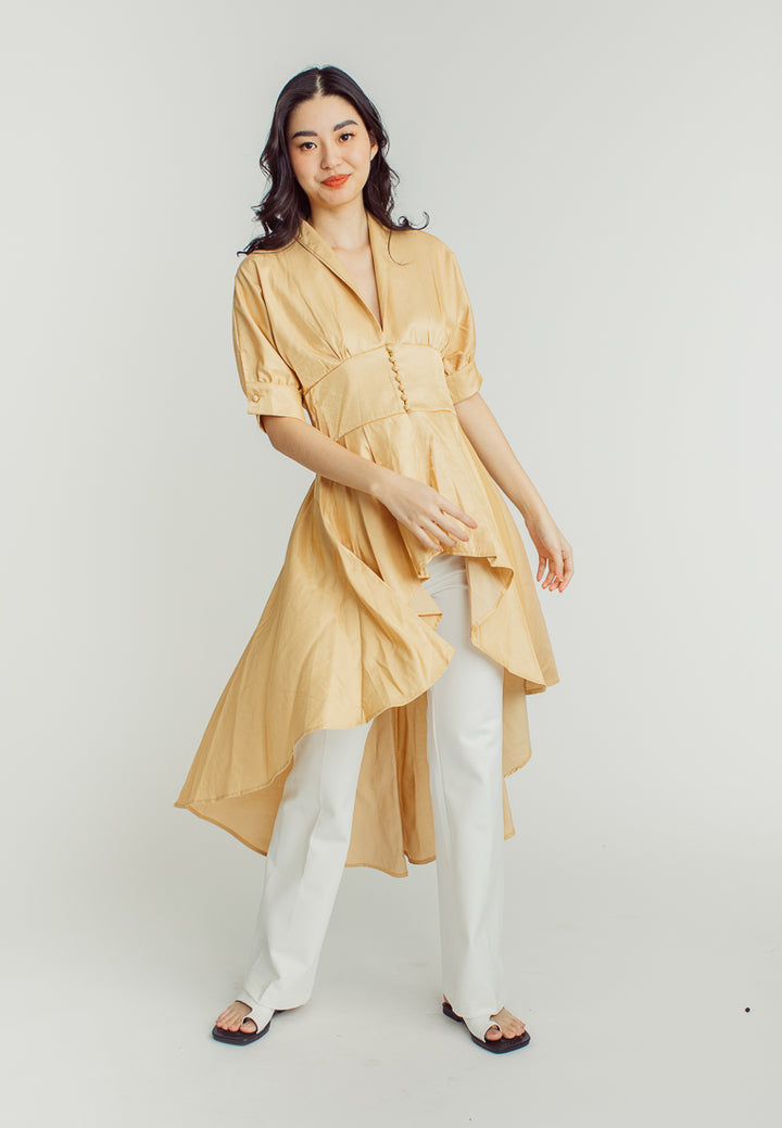 Tess Gold 3/4 Sleeve with Collar Deep V-Neckline Long Back Midi Dress